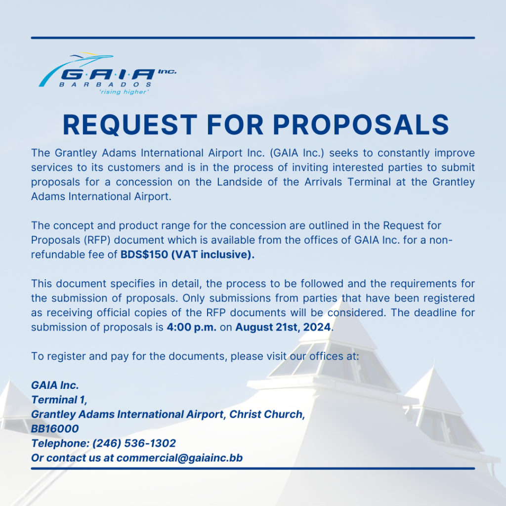 RFP for Concession on the Landside of the Arrivals Terminal, June 2024.